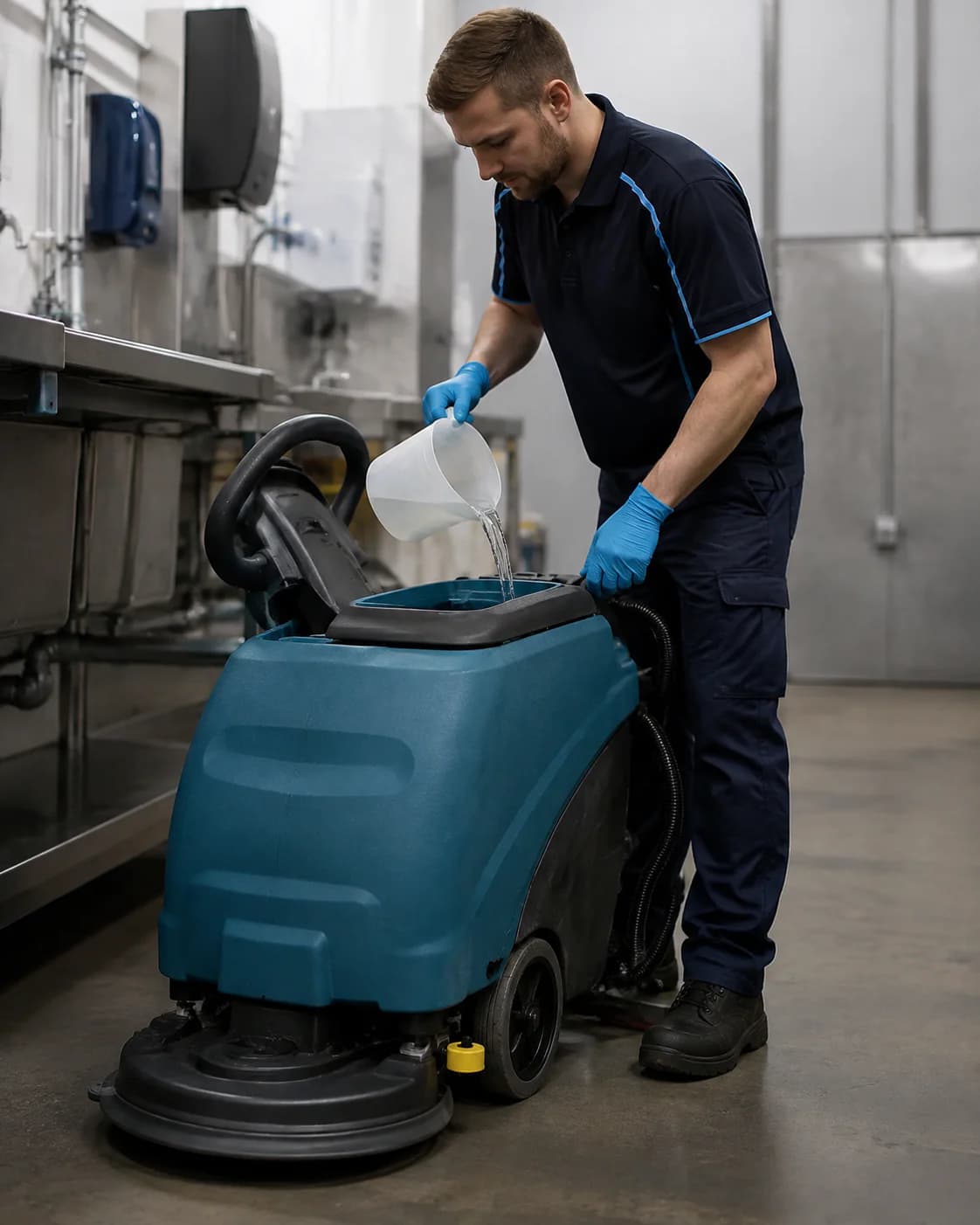 An FBA Sparkle team member preparing equipment for a commercial cleaning job