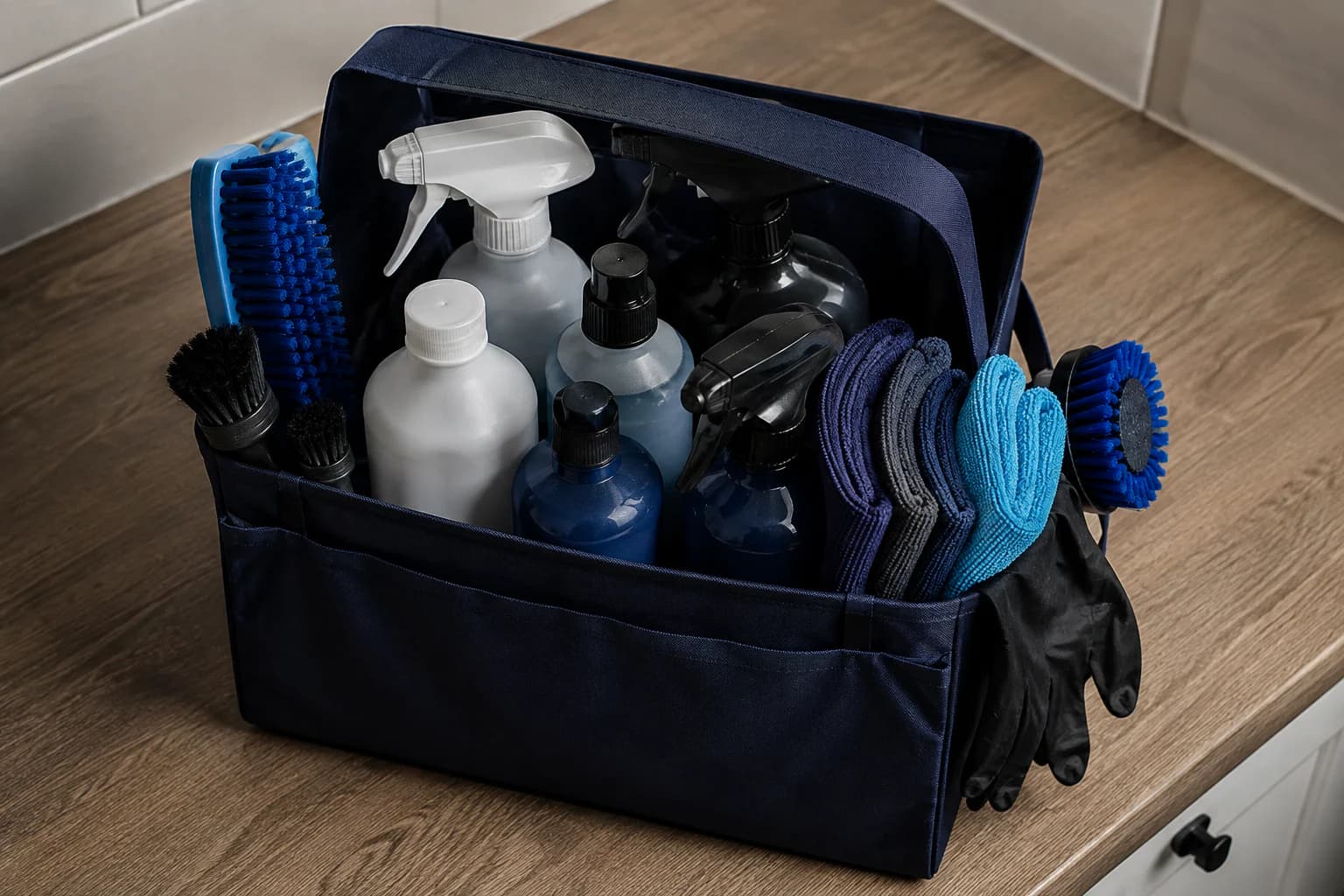 Professional cleaning products and colour-coded microfibre cloths laid out in a branded caddy