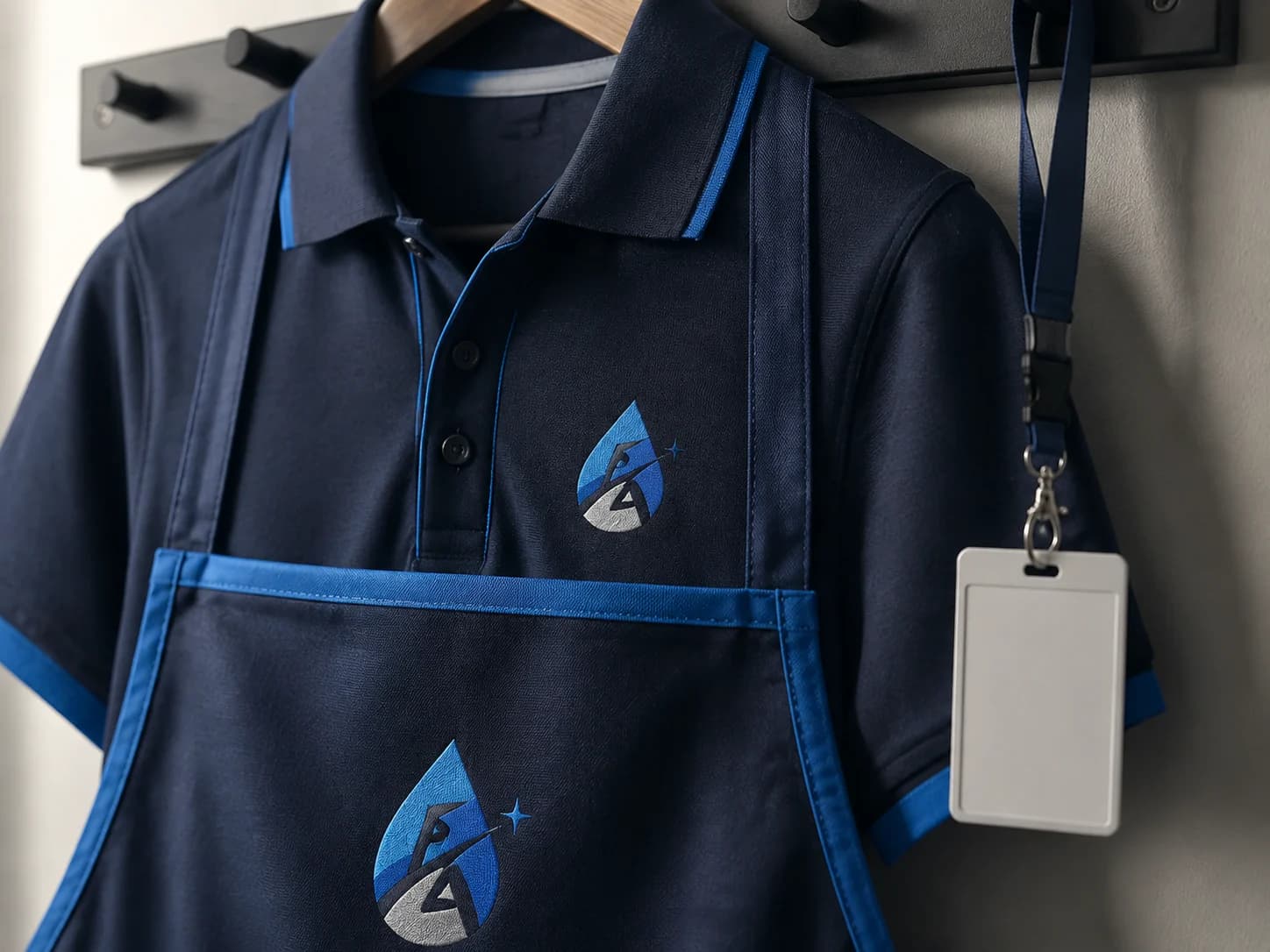 Close-up of the embroidered FBA Sparkle Services logo on a navy work apron and photo ID badge