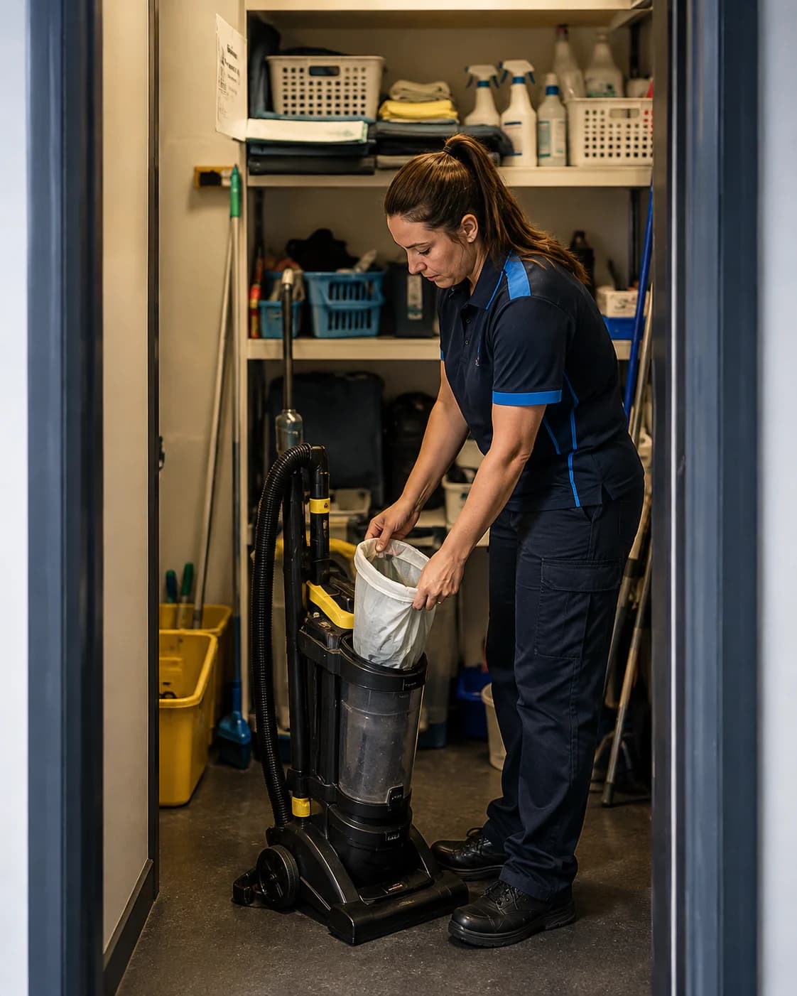 An FBA Sparkle team member preparing equipment for a office cleaning job
