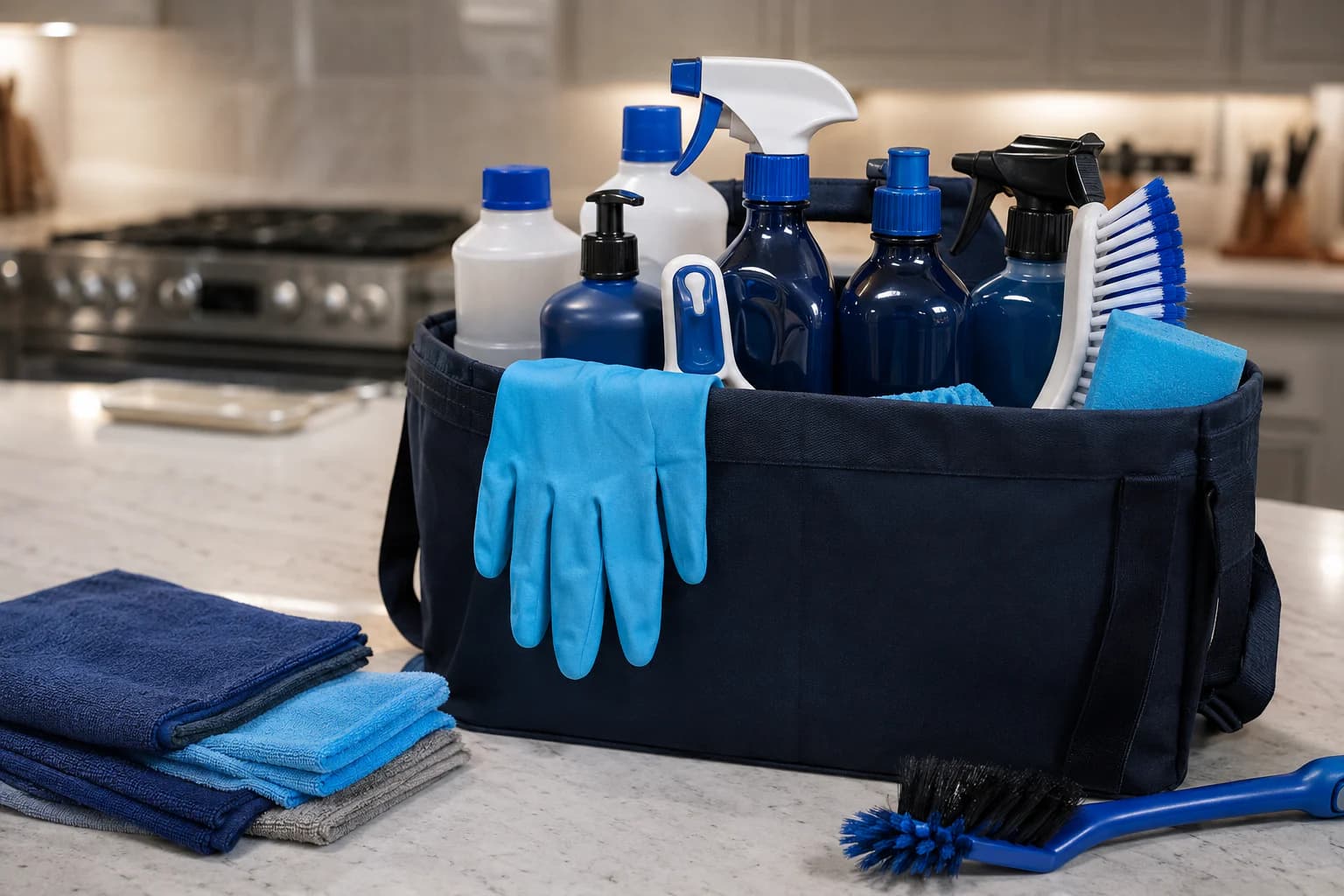 A fully stocked FBA Sparkle cleaning caddy of professional products and cloths on a kitchen worktop